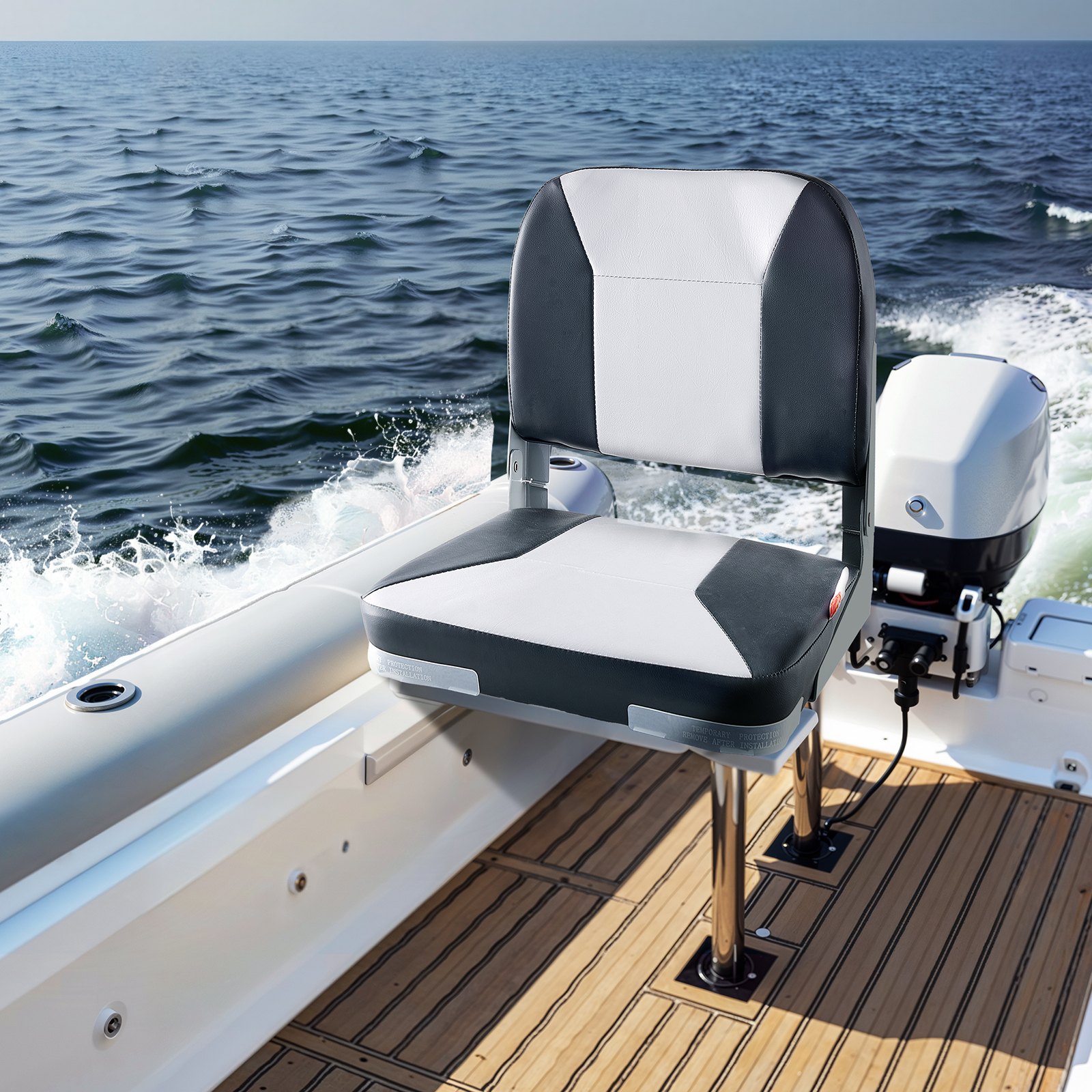 VEVOR 1-delige bootstoel met lage rugleuning, opvouwbare visbootstoel met dikke sponskussen en waterdicht PVC-leer, scharnieren van aluminiumlegering, zwart en grijs