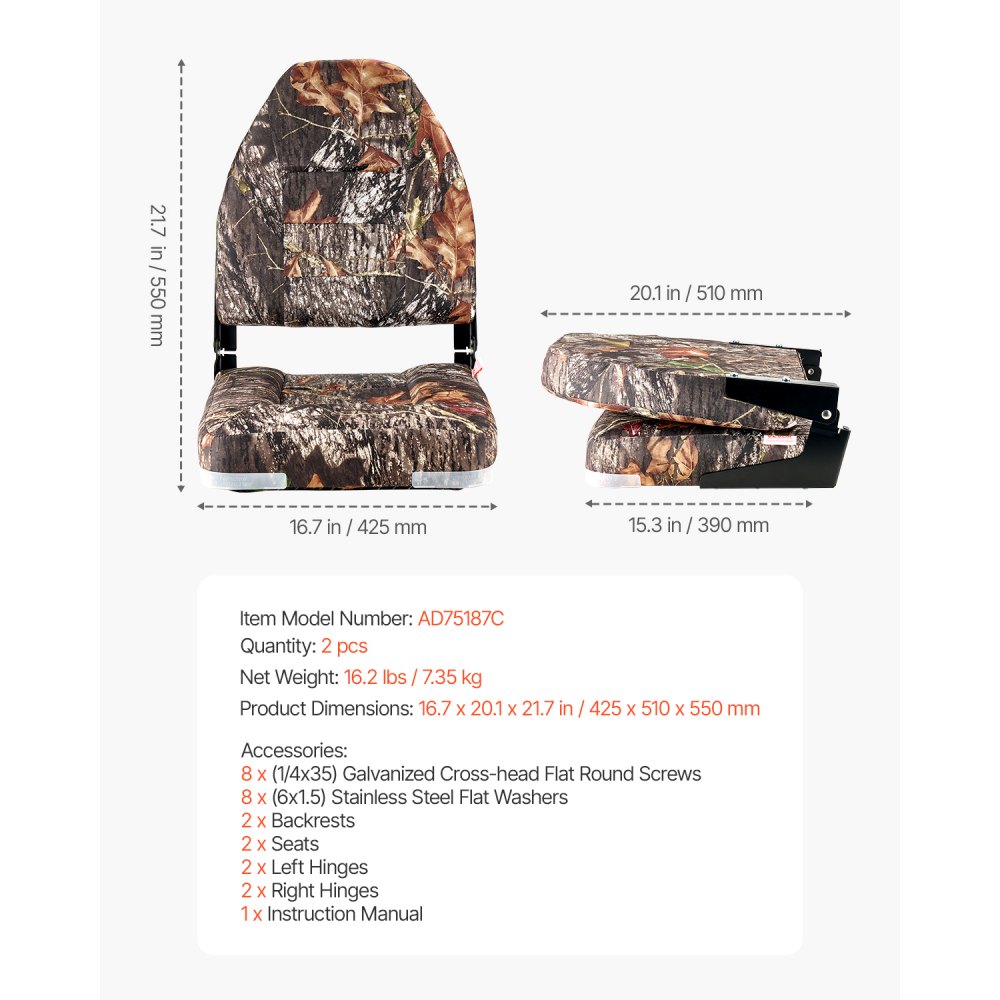 VEVOR Boat Seat, High Backrest, Folding Fishing Boat Seat with Thickened Sponge Cushion & PU Polyester Fabric, Aluminum Alloy Hinges, Flip Up Boat Seat for Boats, Yachts, Ships, Camouflage (2 Seats)