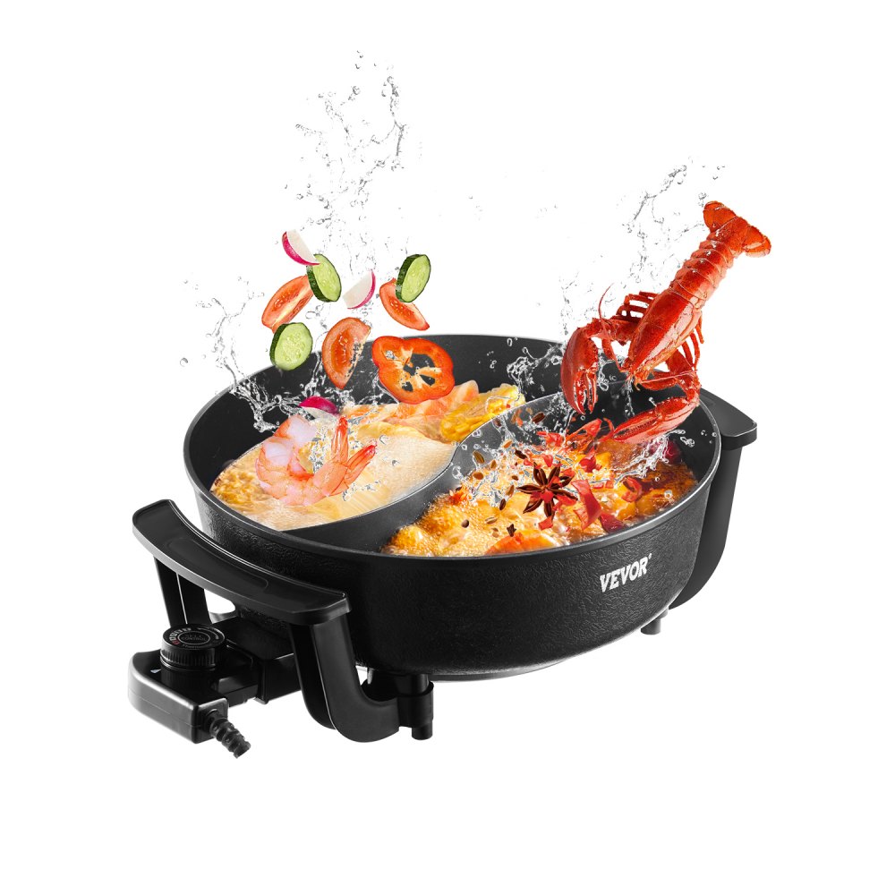VEVOR Electric Hot Pot, 1360W 5 L Double-flavor Shabu Shabu Pot, Non-Stick Electric Cooker with Divider, Clear Glass Lid, Temperature control, Chinese Hotpot for 6-10 People Family Dinning & Party
