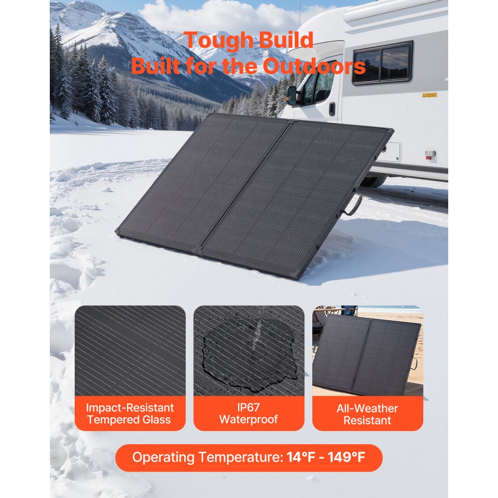 VEVOR opvouwbaar zonnepaneel 200W, draagbare monokristallijne zonnemodule met 30A PWM-regelaar, MC4-uitgang en frame, 23% hoog rendement, IP67 waterdicht voor kamperen, wandelen en camperreizen.