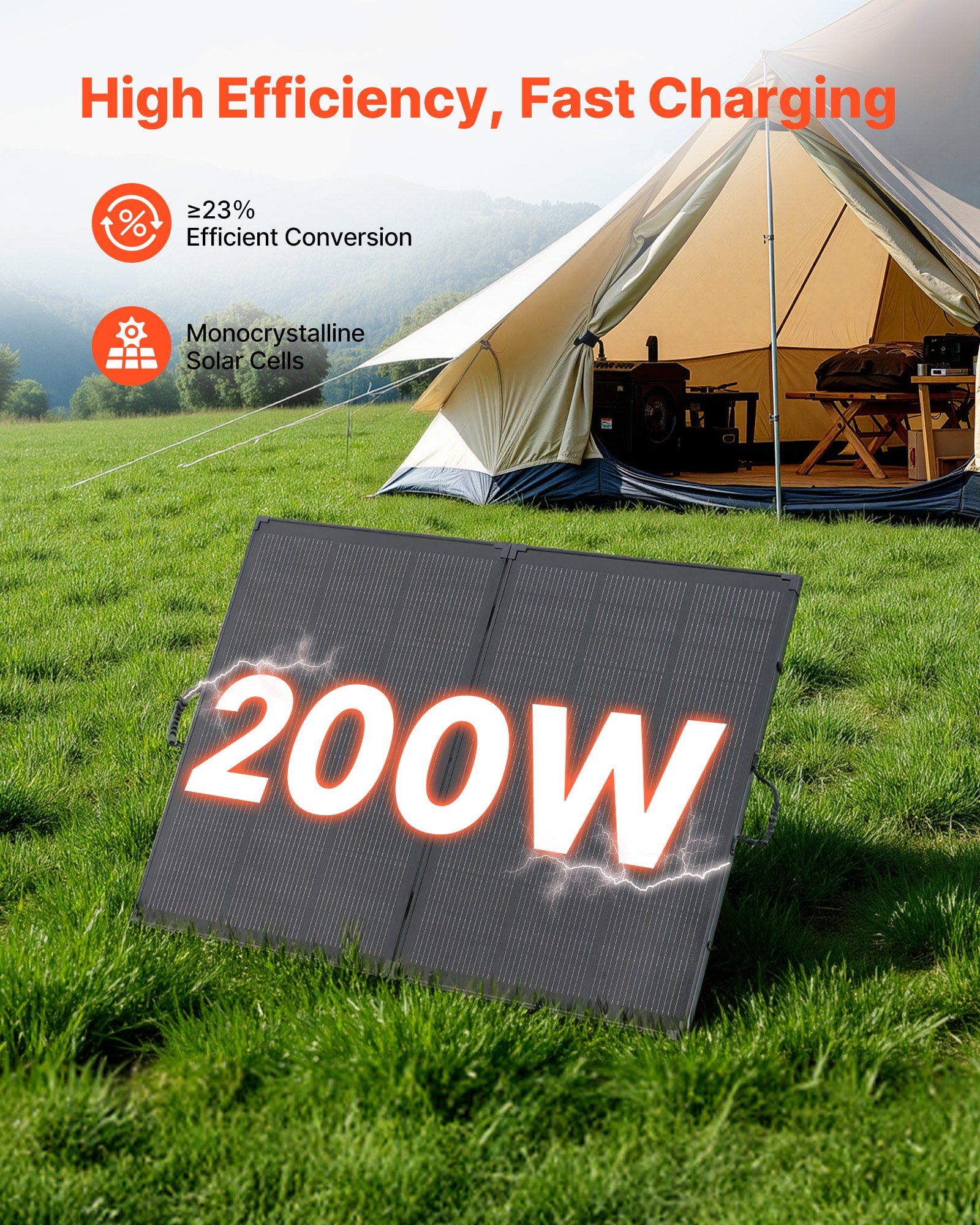 VEVOR opvouwbaar zonnepaneel 200W, draagbare monokristallijne zonnemodule met 30A PWM-regelaar, MC4-uitgang en frame, 23% hoog rendement, IP67 waterdicht voor kamperen, wandelen en camperreizen.
