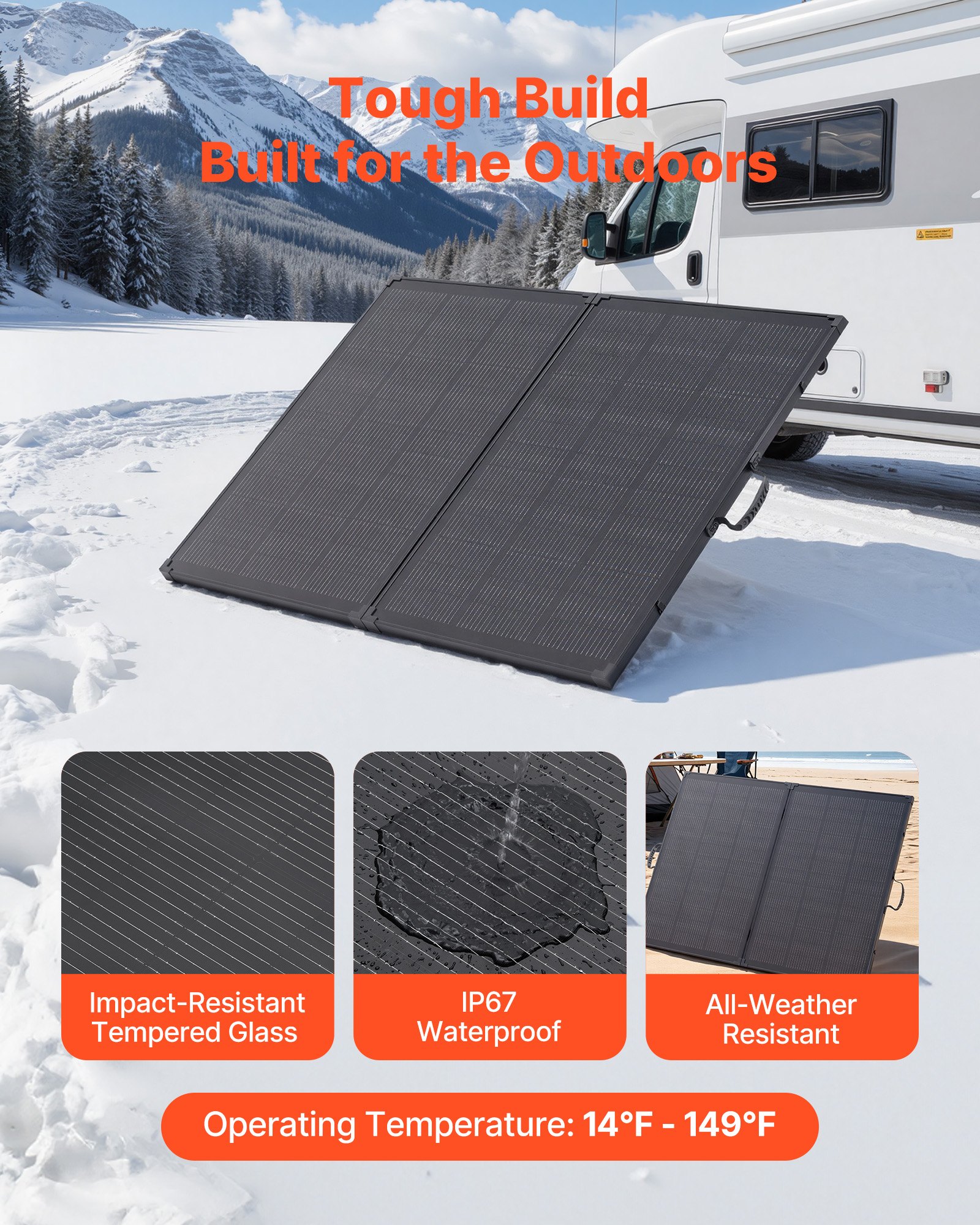 VEVOR opvouwbaar zonnepaneel 200W, draagbare monokristallijne zonnemodule met 30A PWM-regelaar, MC4-uitgang en frame, 23% hoog rendement, IP67 waterdicht voor kamperen, wandelen en camperreizen.