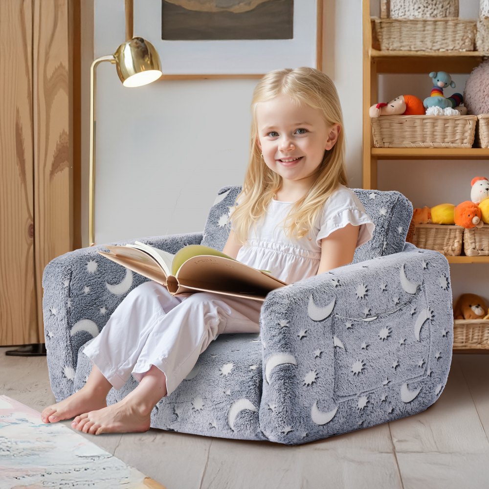 VEVOR Kinderbank Kinderfauteuil gemaakt van 28D Spons & Flanel Stof met Armleuningen, Wasbare Kinderbank Glow in the Dark Kinderbank Omvormbare Slaapbank voor Speelkamer Woonkamer Grijs