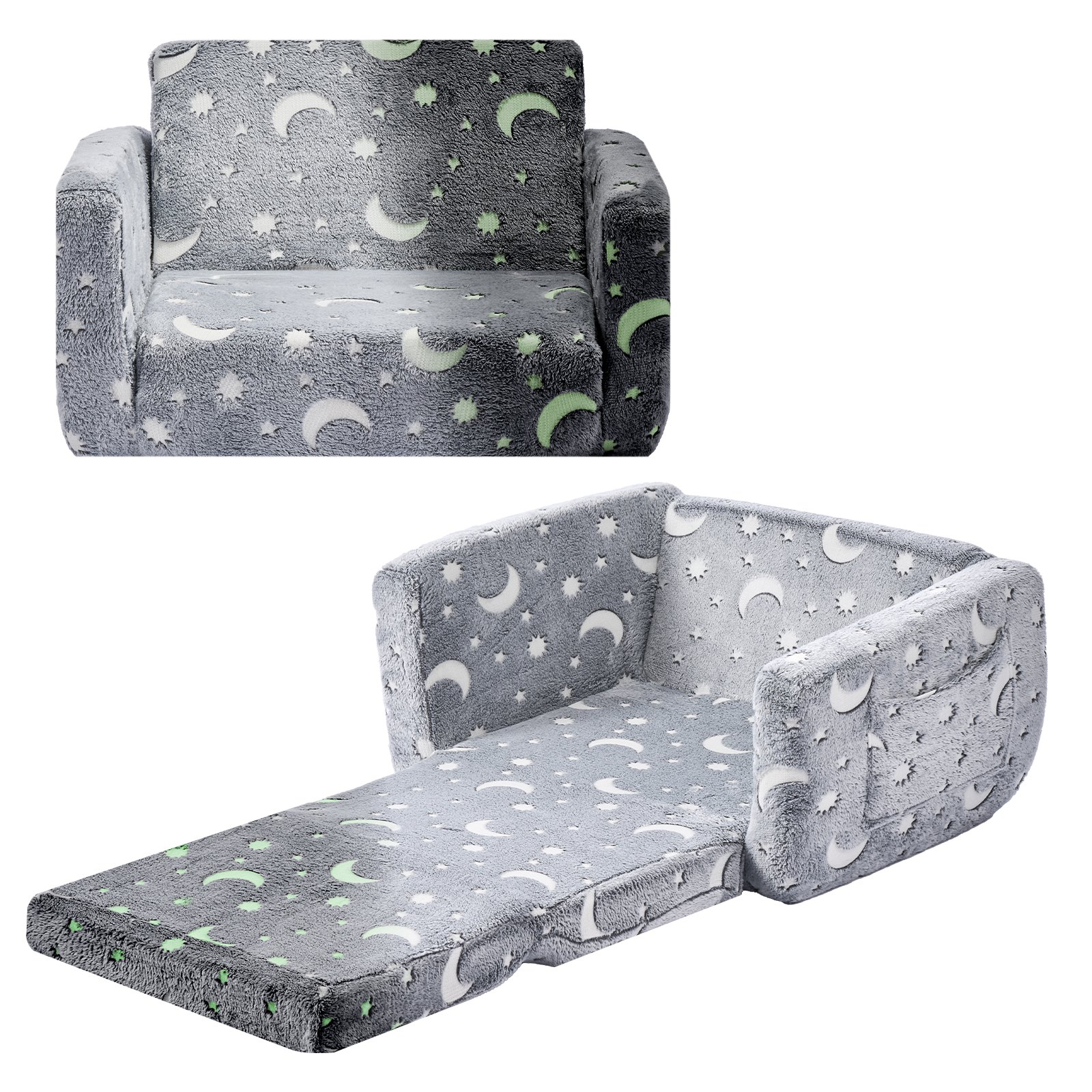 VEVOR Kinderbank Kinderfauteuil gemaakt van 28D Spons & Flanel Stof met Armleuningen, Wasbare Kinderbank Glow in the Dark Kinderbank Omvormbare Slaapbank voor Speelkamer Woonkamer Grijs