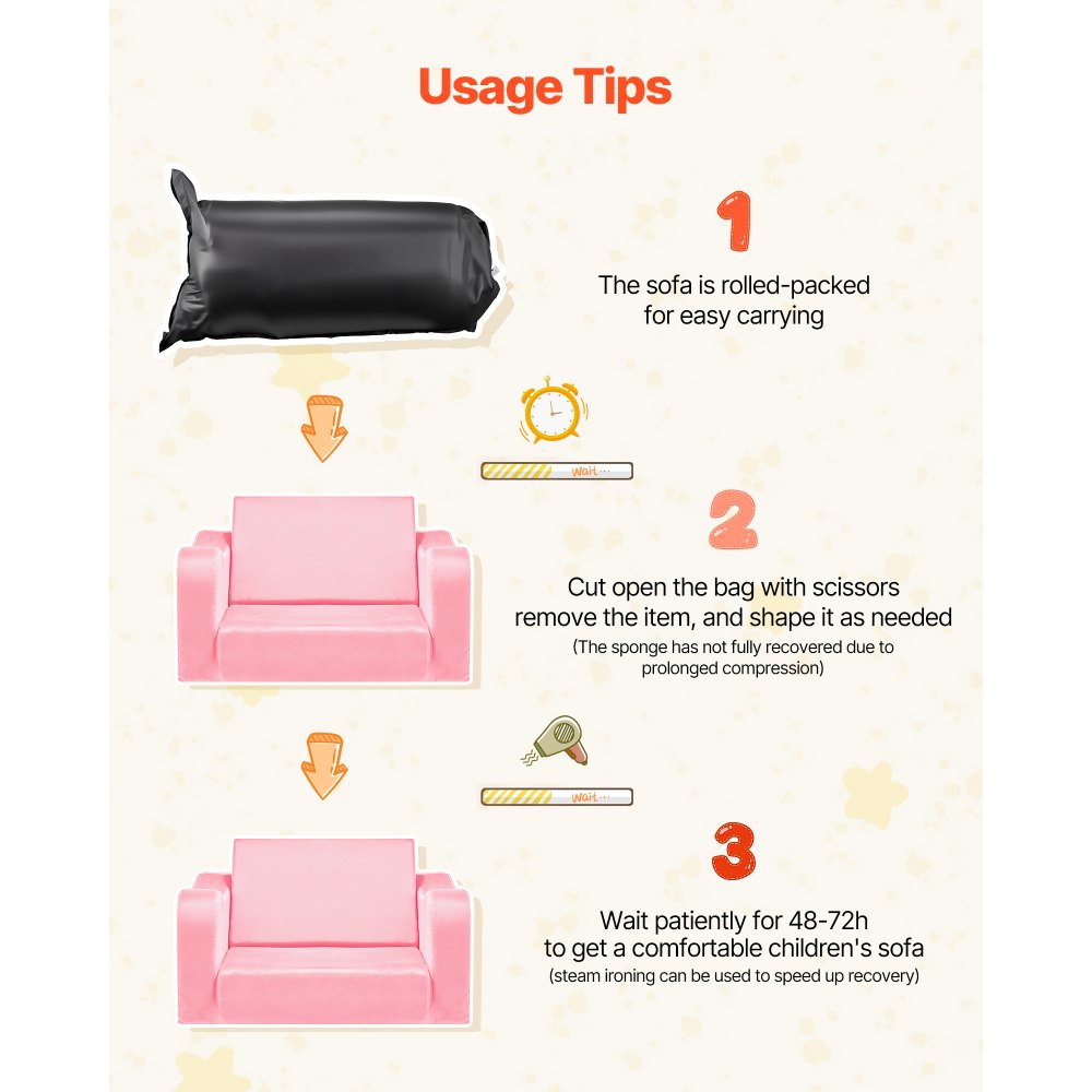 VEVOR 2-in-1 Kids Sofa, Foldable Toddler Soft Couch with Armrests, Made of 28D Sponge & Short Pile, Convertible Toddler Chair to Lounger, Kid Couch Fold Out for Fun Playtime or Comfy Lounging, M, Pink