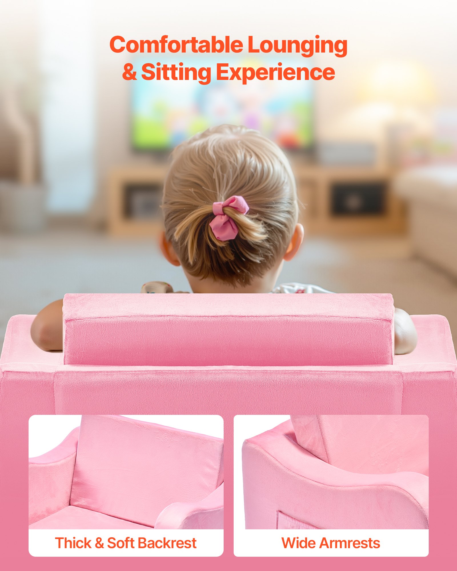 VEVOR 2-in-1 Kids Sofa, Foldable Toddler Soft Couch with Armrests, Made of 28D Sponge & Short Pile, Convertible Toddler Chair to Lounger, Kid Couch Fold Out for Fun Playtime or Comfy Lounging, M, Pink