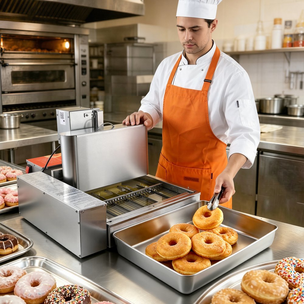 VEVOR Commerciële Automatische Donutmachine, 6-rijige donutmachine, 360 stuks/uur, krachtige elektrische donutmaker, roestvrijstalen frituurpan met intelligente besturing, donutmaker
