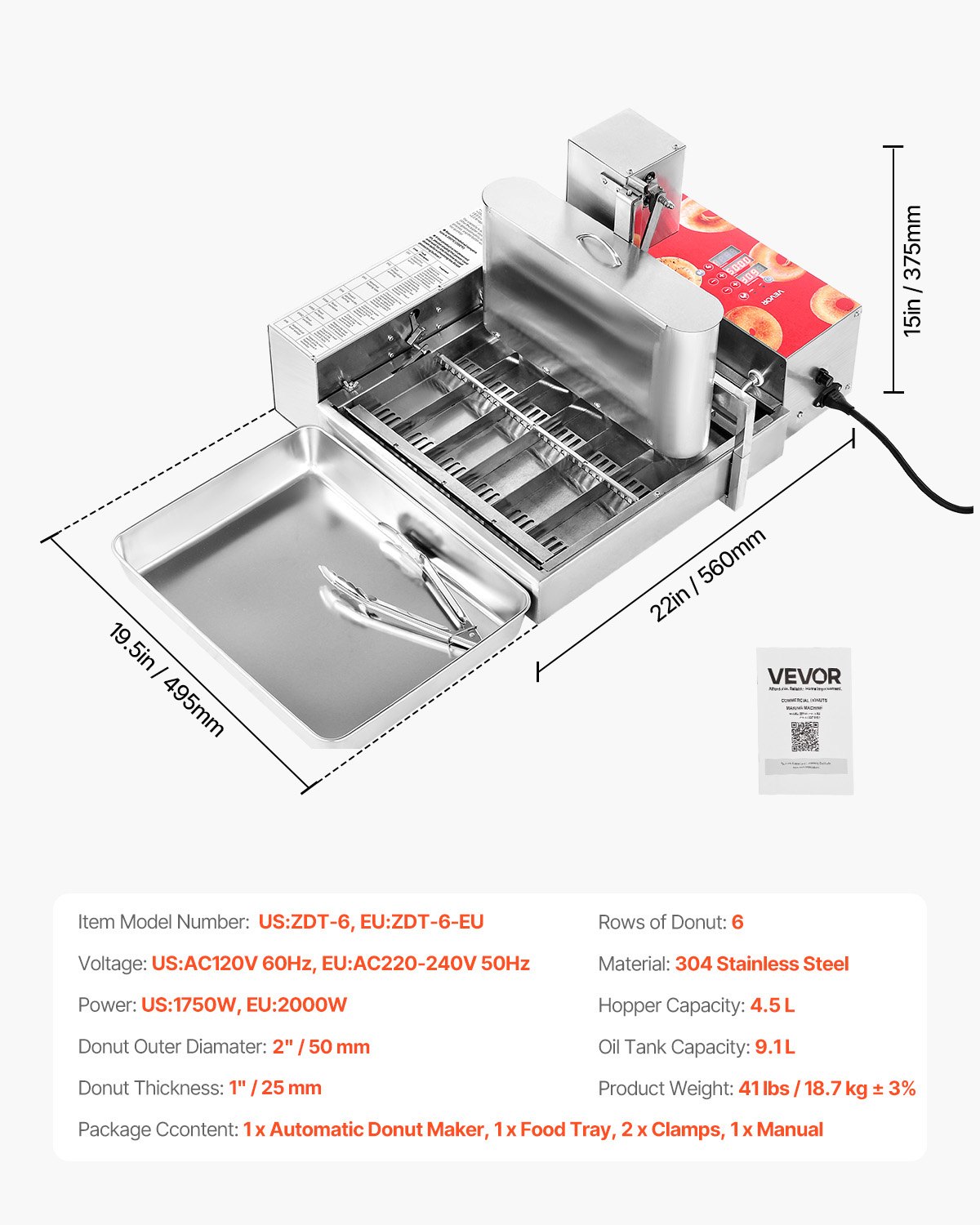 VEVOR Commerciële Automatische Donutmachine, 6-rijige donutmachine, 360 stuks/uur, krachtige elektrische donutmaker, roestvrijstalen frituurpan met intelligente besturing, donutmaker