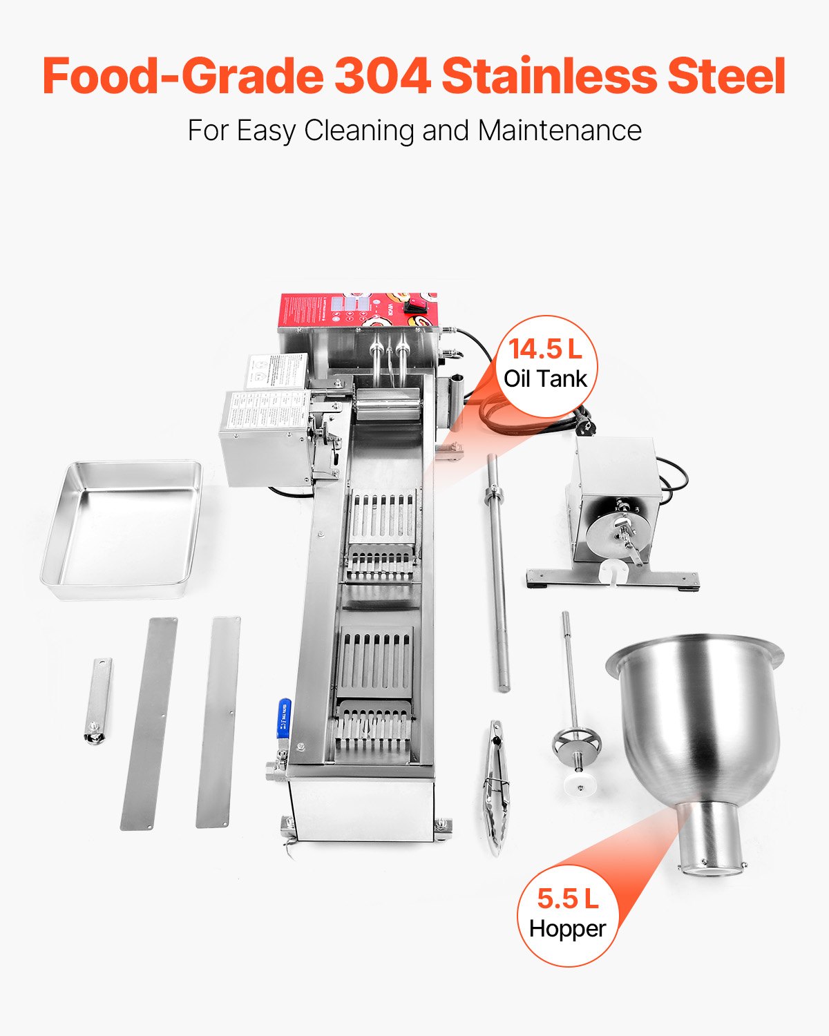 VEVOR Commercial Automatic Donuts Machine, Single Row Donuts Making Equipment, 90 pcs/hour Electric High Power Doughnut Maker, Stainless Steel Frying Auto Fryer, with 3 Size Molds, Auto Counting