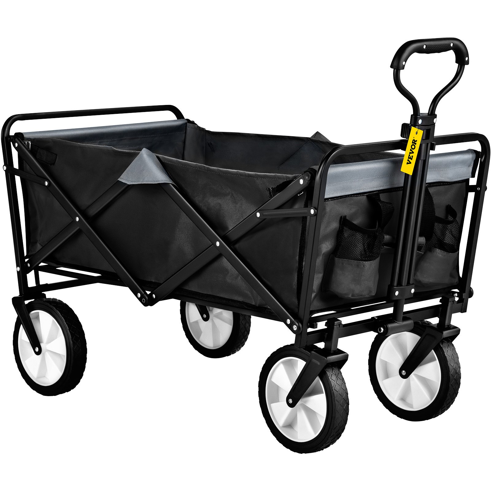 VEVOR Folding Wagon Cart, 176 lbs Load, Outdoor Utility Collapsible Wagon with Adjustable Handle & Universal Wheels, Portable for Camping, Grocery, Beach, Black & Gray