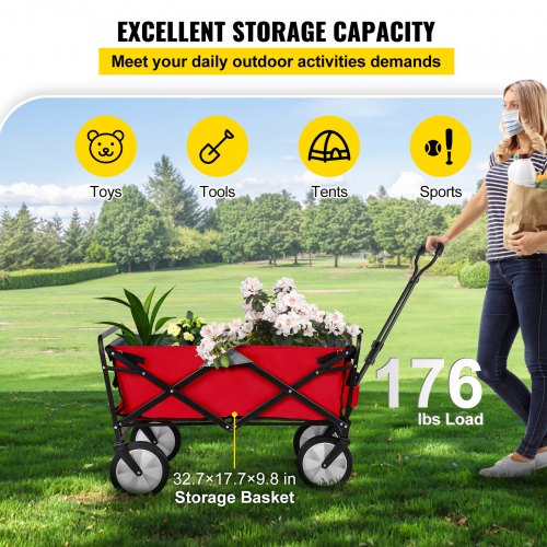 VEVOR Opvouwbare Wagenkar, Oxford Stof PE 600D Kampeerwagen met 4 Wielen, 92 x 53 x 77 cm Gereedschapswage, Maximaal Laad 80 kg Reizen Bagage Winkelwagen, Transportkar voor Tuin Strand, Rood en Grijs