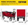 VEVOR Folding Wagon Cart, 176 lbs Load, Outdoor Utility Collapsible Wagon with Adjustable Handle & Universal Wheels, Portable for Camping, Grocery, Beach, Red & Gray