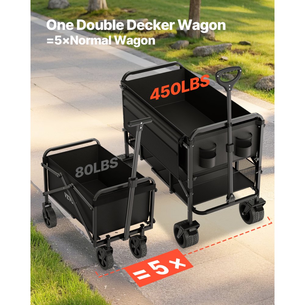VEVOR Double Decker Wagon Collapsible, 400L Heavy Duty Folding Wagon Cart, Extended Long Garden Cart with All-Terrain Wheels, Support Up to 450lbs, Outdoor Utility Wagon for Camping, Sports, Shopping