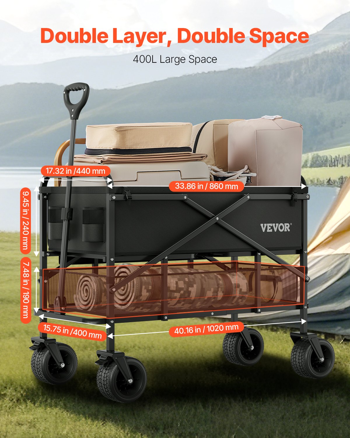 VEVOR Double Decker Wagon Collapsible, 400L Heavy Duty Folding Wagon Cart, Extended Long Garden Cart with All-Terrain Wheels, Support Up to 450lbs, Outdoor Utility Wagon for Camping, Sports, Shopping