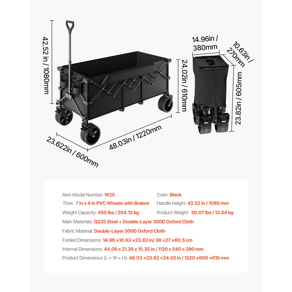 VEVOR Opvouwbare bolderwagen 204 kg, 122x60x61cm, Multifunctionele bolderwagen, Handkar met all-terrain wielen, Strandbolderwagen, Tuinbolder voor buitengebruik, boodschappen en kamperen