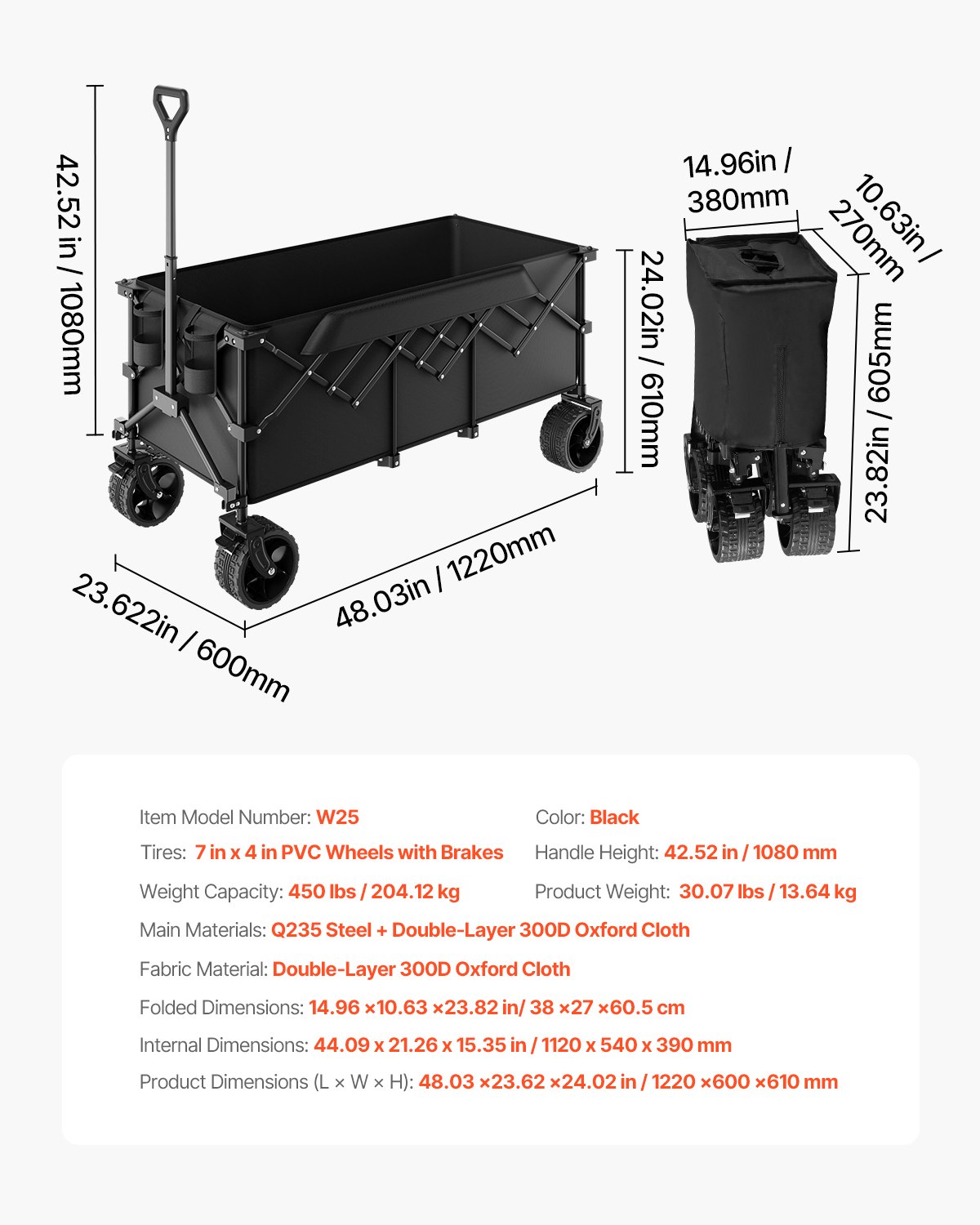 VEVOR Opvouwbare bolderwagen 204 kg, 122x60x61cm, Multifunctionele bolderwagen, Handkar met all-terrain wielen, Strandbolderwagen, Tuinbolder voor buitengebruik, boodschappen en kamperen