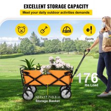 VEVOR Folding Wagon Cart, 176 lbs Load, Outdoor Utility Collapsible Wagon with Adjustable Handle & Universal Wheels, Portable for Camping, Grocery, Beach, Orange & Gray