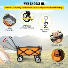 VEVOR Folding Wagon Cart, 176 lbs Load, Outdoor Utility Collapsible Wagon with Adjustable Handle & Universal Wheels, Portable for Camping, Grocery, Beach, Orange & Gray