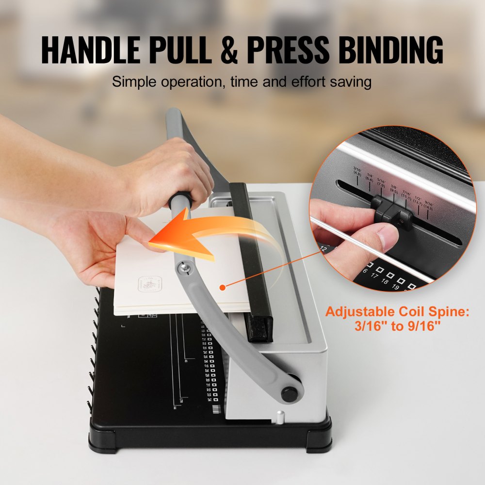VEVOR spiraalbindmachine, handmatige boekbinder, 34-gaats binding, 120 vellen, perforatie-bindmachine met verstelbare spiraalrug van 3/16-9/16 inch en pagina-marges, voor briefformaat, A4, A5