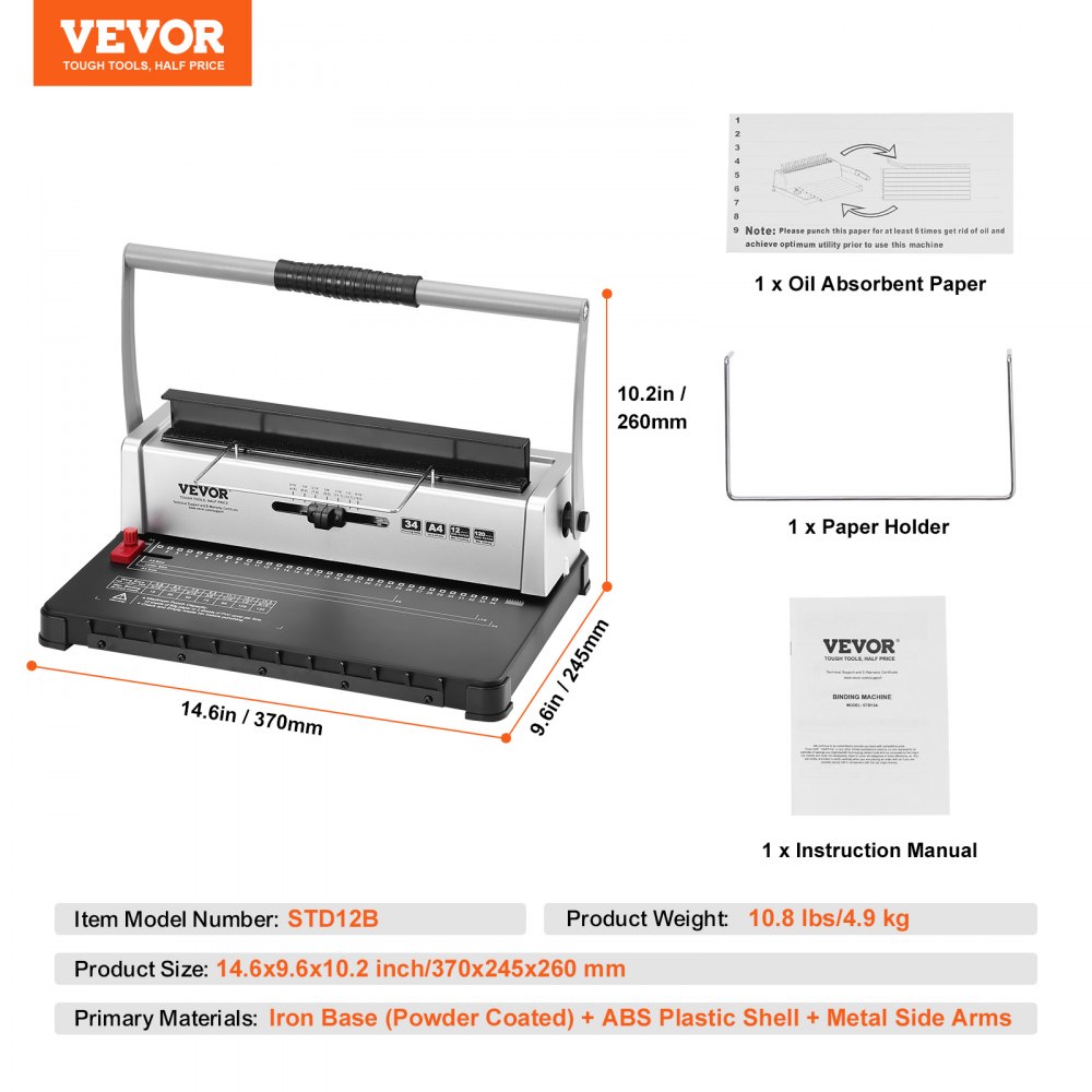 VEVOR spiraalbindmachine, handmatige boekbinder, 34-gaats binding, 120 vellen, perforatie-bindmachine met verstelbare spiraalrug van 3/16-9/16 inch en pagina-marges, voor briefformaat, A4, A5