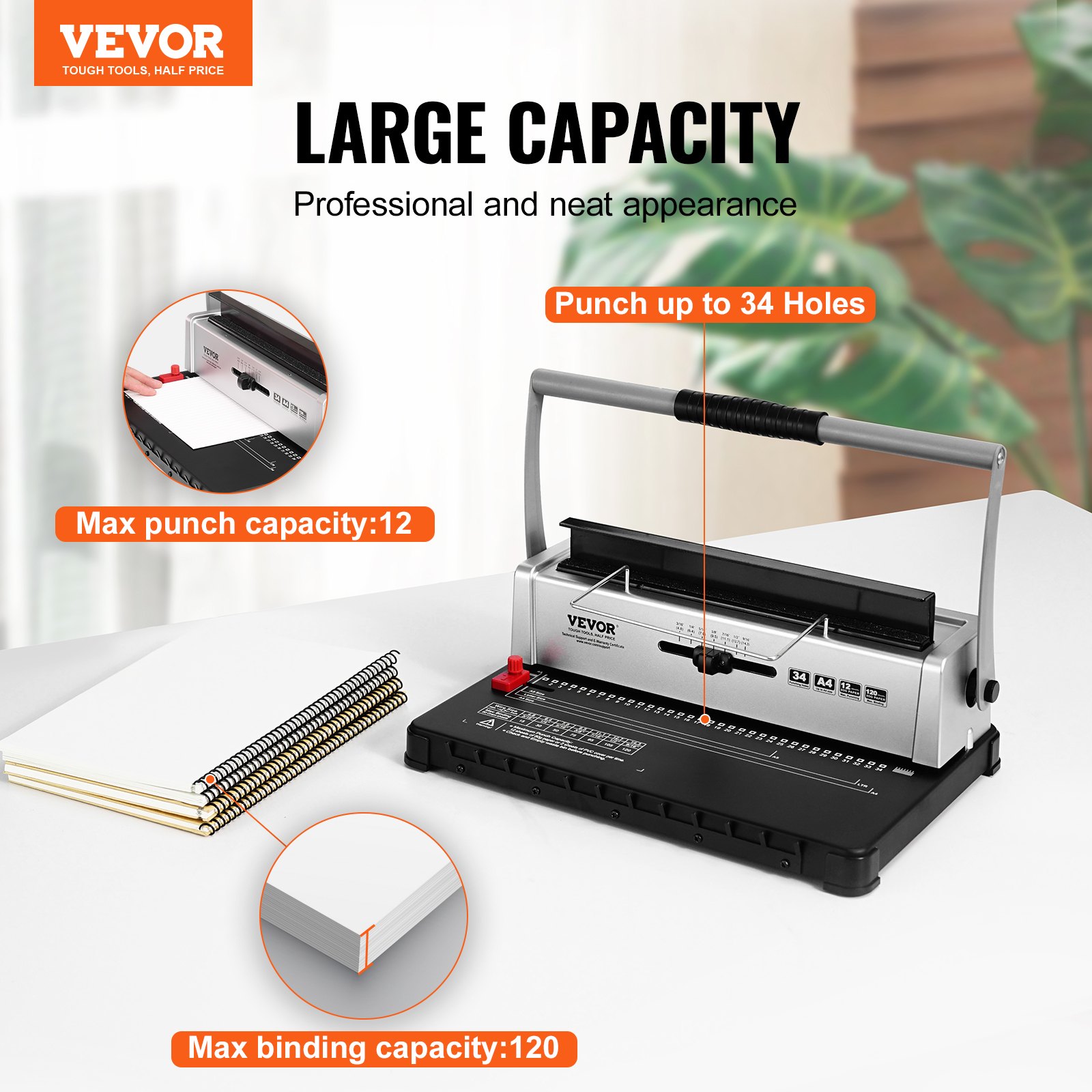 VEVOR spiraalbindmachine, handmatige boekbinder, 34-gaats binding, 120 vellen, perforatie-bindmachine met verstelbare spiraalrug van 3/16-9/16 inch en pagina-marges, voor briefformaat, A4, A5