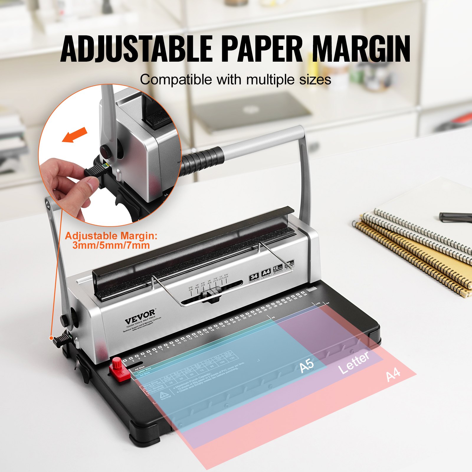 VEVOR spiraalbindmachine, handmatige boekbinder, 34-gaats binding, 120 vellen, perforatie-bindmachine met verstelbare spiraalrug van 3/16-9/16 inch en pagina-marges, voor briefformaat, A4, A5