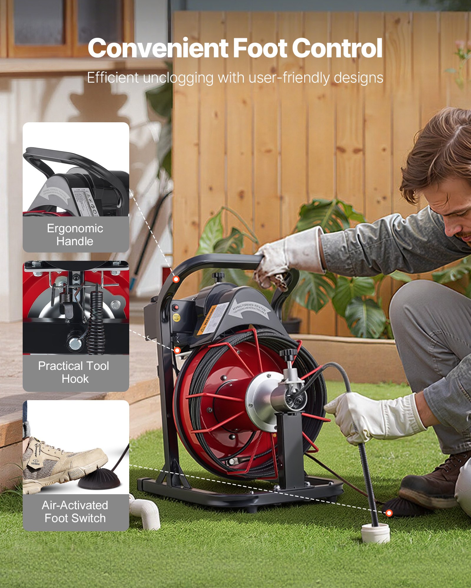 VEVOR pijpreinigingsmachine φ8 mm x 15 m, reinigingsspiraal met automatische aanvoer, 4 snijbladen en pneumatische voetschakelaar, pijpreiniger voor pijpen van 50 tot 100 mm, pijpreinigingsapparaat