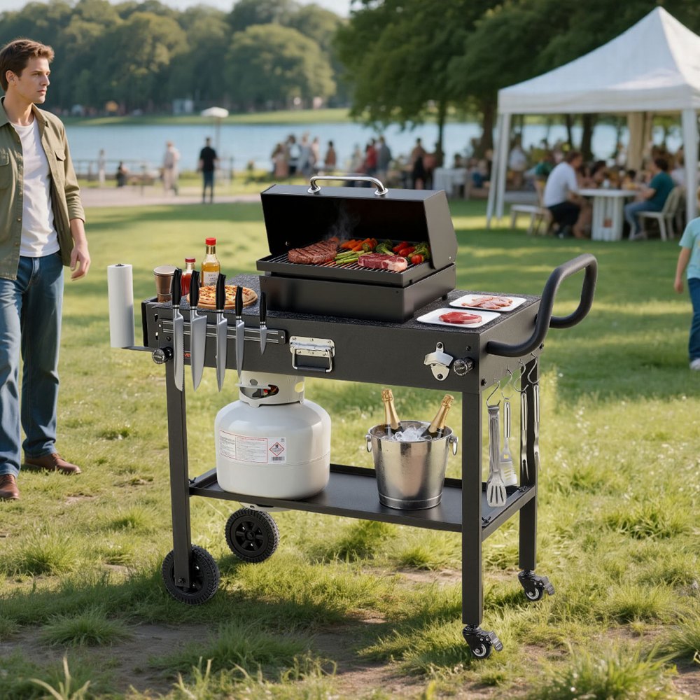 VEVOR Outdoor Grill Cart, 31.0 x 17.0 inch Tabletop Size Grilling Table, Foldable Outdoor Cooking Table with Tissue Holder, Wheels, Magnetic Tool Rack, BBQ Prep Tables for Picnic, Kitchen, Courtyard