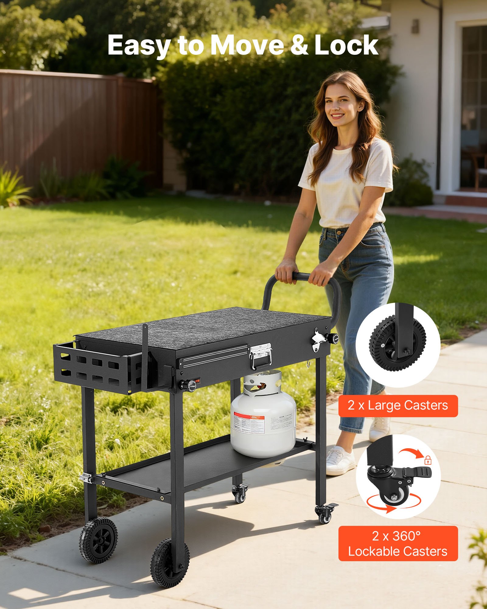 VEVOR Outdoor Grill Cart, 31.0 x 17.0 inch Tabletop Size Grilling Table, Foldable Outdoor Cooking Table with Tissue Holder, Wheels, Magnetic Tool Rack, BBQ Prep Tables for Picnic, Kitchen, Courtyard