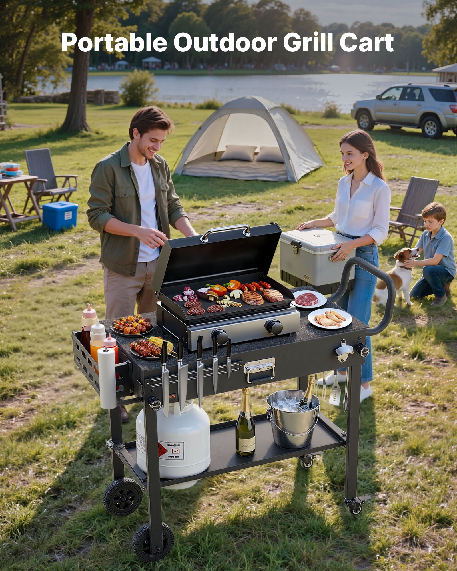 VEVOR Outdoor Grillwagen 787x432 mm (tafelbladformaat), opklapbare grilltafel met tissuehouder, wielen en magnetische gereedschapsbak, grillvoorbereidingstafel/serveerwagen voor picknickkeuken