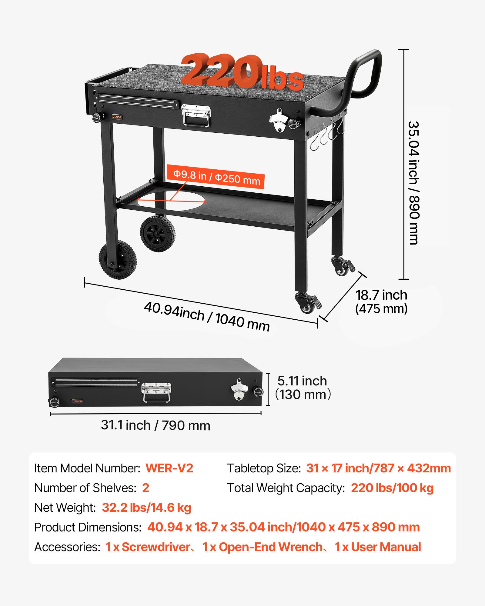 VEVOR Outdoor Grillwagen 787x432 mm (tafelbladformaat), opklapbare grilltafel met tissuehouder, wielen en magnetische gereedschapsbak, grillvoorbereidingstafel/serveerwagen voor picknickkeuken