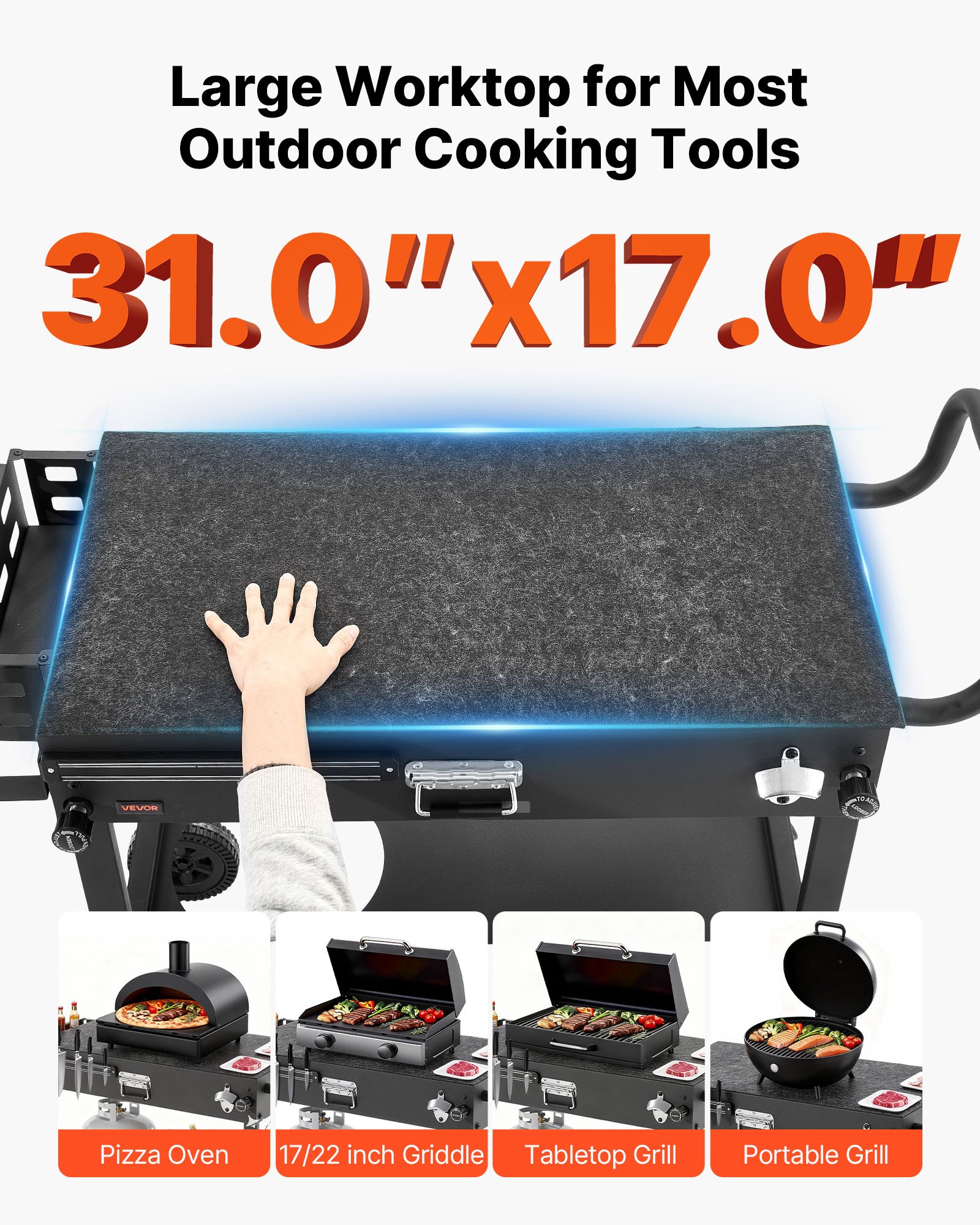 VEVOR Outdoor Grillwagen 787x432 mm (tafelbladformaat), opklapbare grilltafel met tissuehouder, wielen en magnetische gereedschapsbak, grillvoorbereidingstafel/serveerwagen voor picknickkeuken