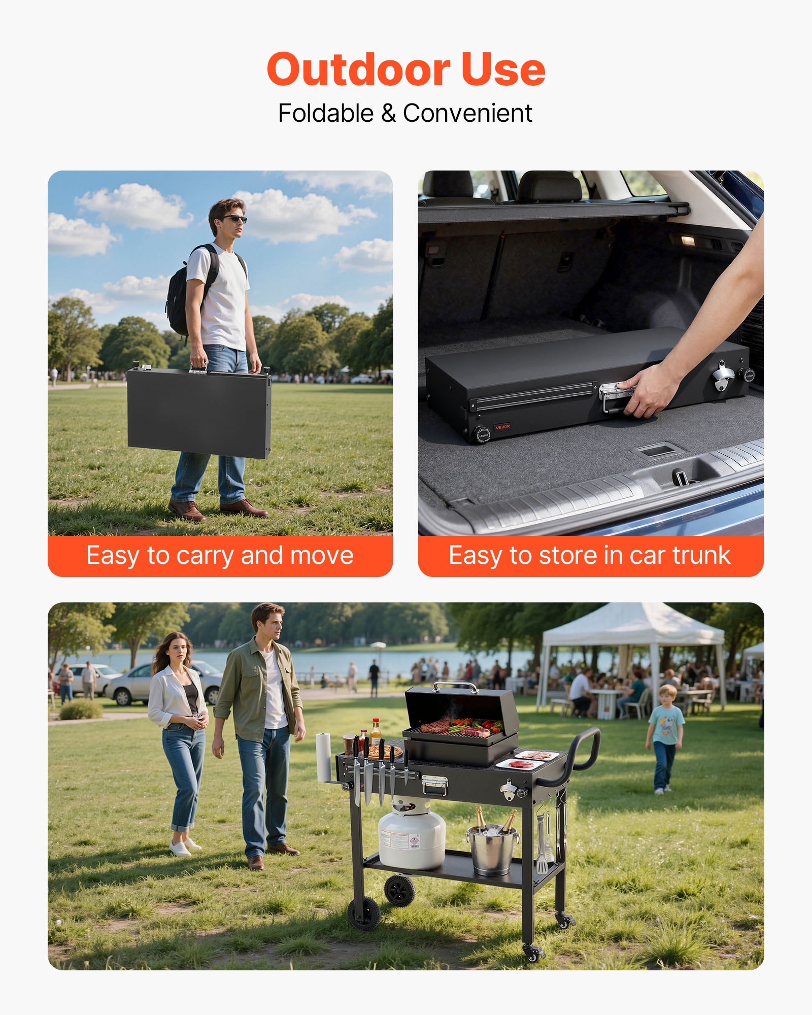 VEVOR Outdoor Grillwagen 787x432 mm (tafelbladformaat), opklapbare grilltafel met tissuehouder, wielen en magnetische gereedschapsbak, grillvoorbereidingstafel/serveerwagen voor picknickkeuken