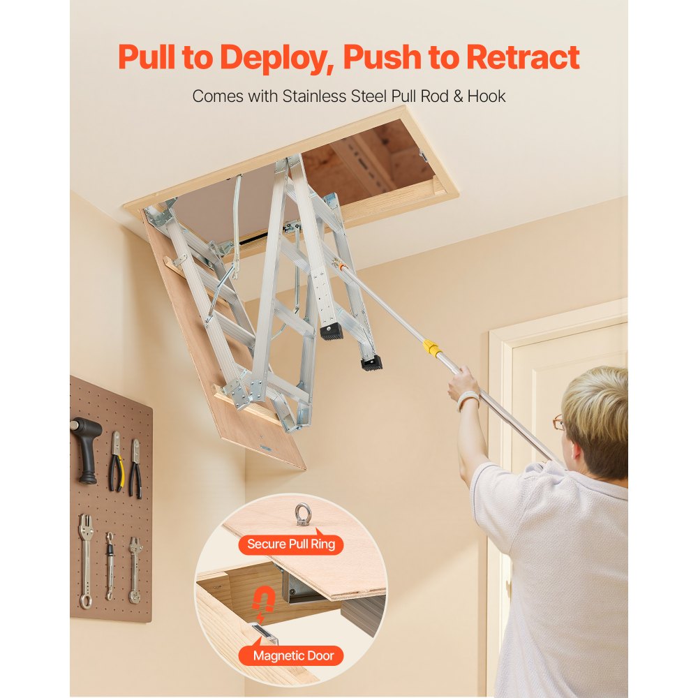 VEVOR Attic Ladder, 375LBS / 170KG Capacity, 9.8 to 10.3 ft / 3 to 3.13 m Height Adjustable, Multi-Purpose Foldable Aluminium Attic Stairs, Fits 7.66 to 10.25 ft Ceiling Heights for Convenient Access