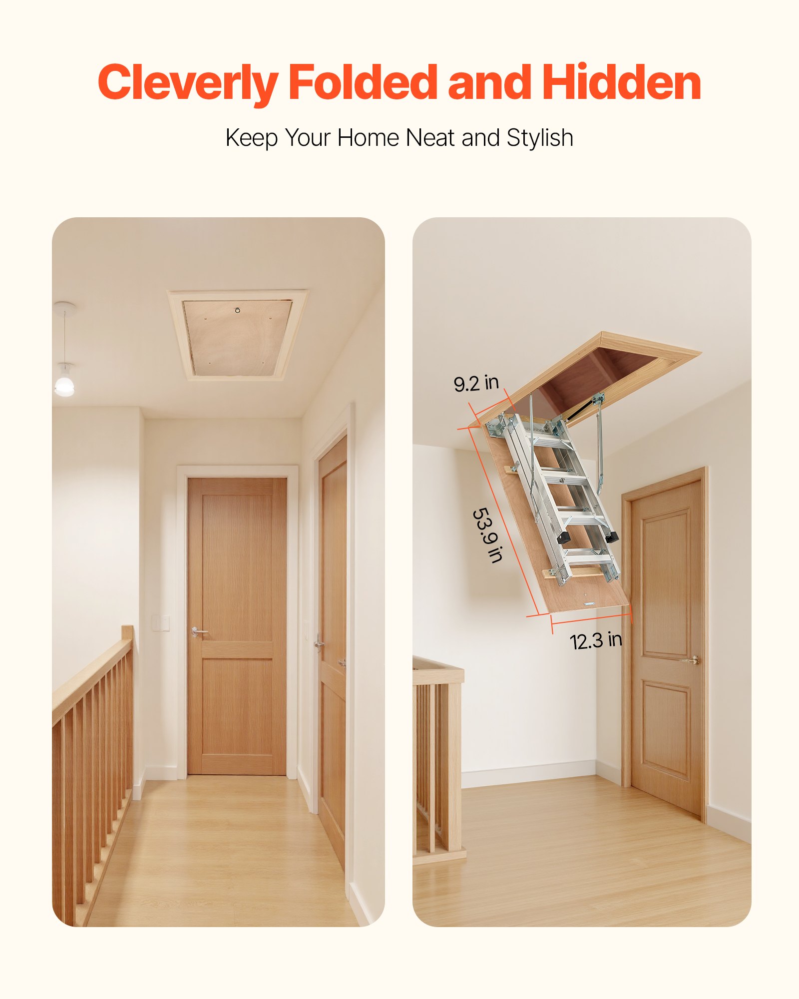 VEVOR Attic Ladder, 375LBS / 170KG Capacity, 9.8 to 10.3 ft / 3 to 3.13 m Height Adjustable, Multi-Purpose Foldable Aluminium Attic Stairs, Fits 7.66 to 10.25 ft Ceiling Heights for Convenient Access