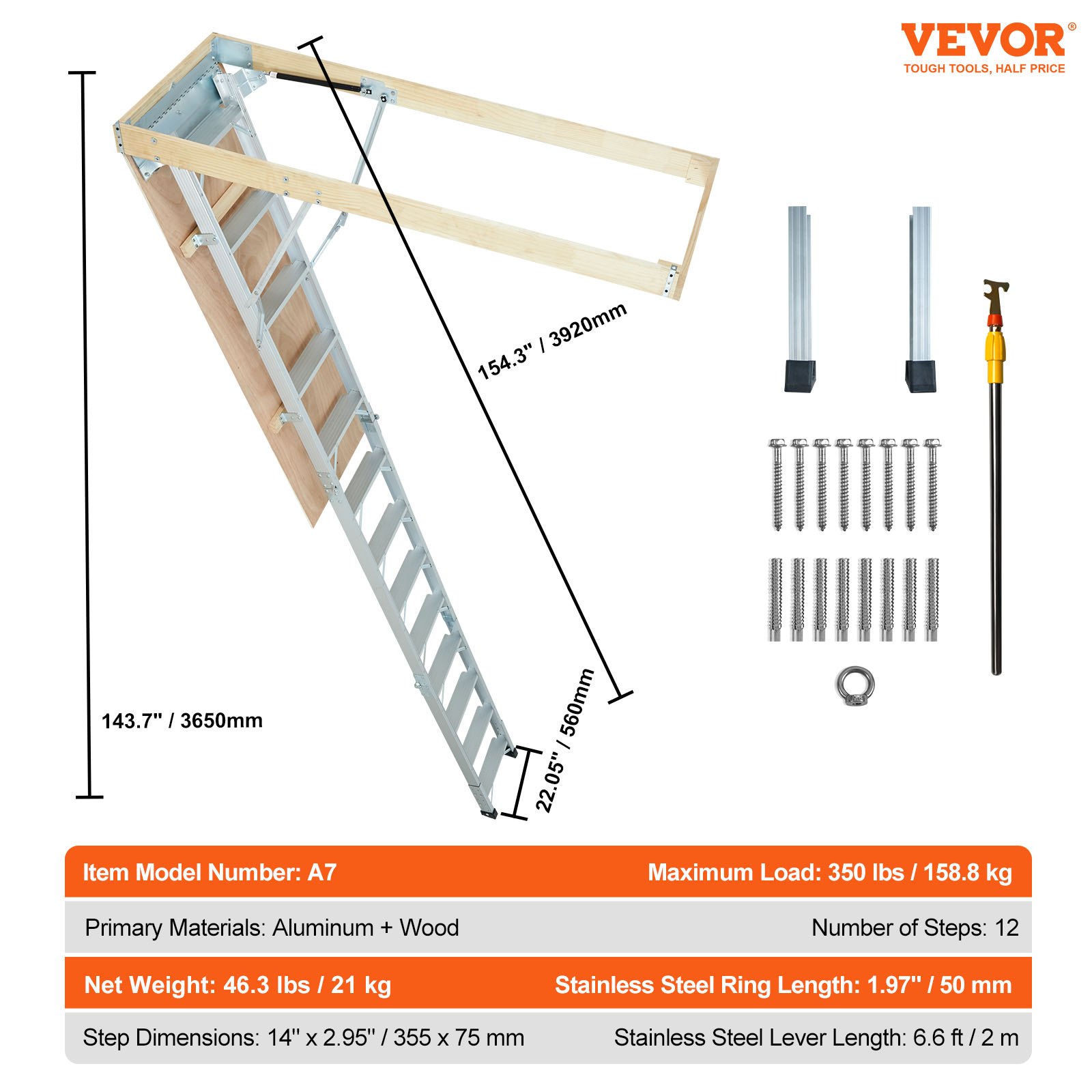 VEVOR Telescopische Ladder 158,8 kg Trapladder 12 treden Installatiehoogte van 290 tot 300 cm of 341 tot 366 cm Opvouwbare Ladder Aluminium + Houten Huishoudelijke Ladder met Hydraulisch Gedempt Afdalingsontwerp