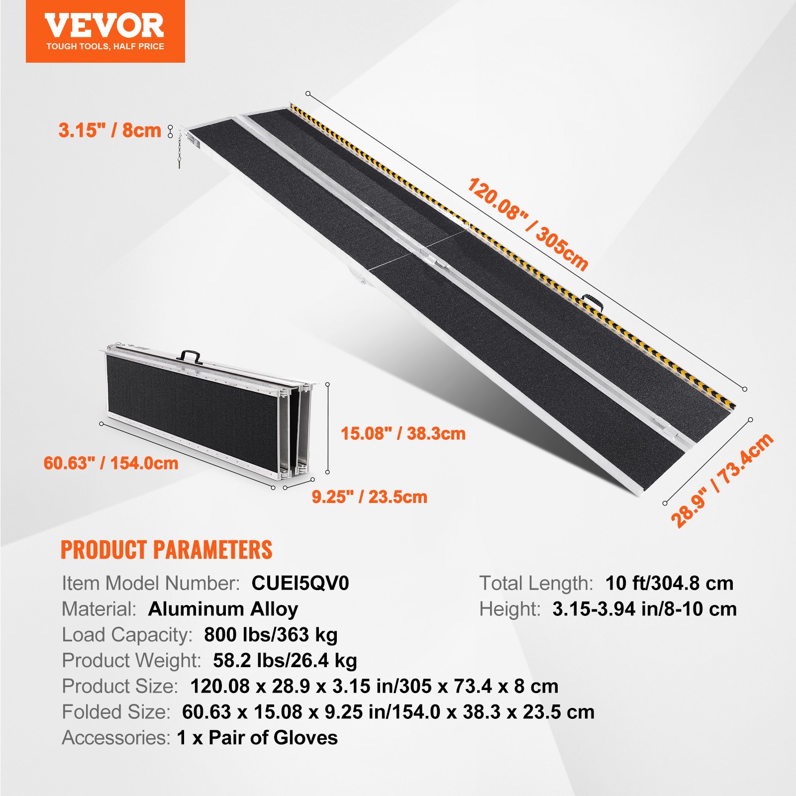 VEVOR Draagbare rolstoelhelling 3 m 363 kg Laadvermogen Antislip aluminium opvouwbare drempelhelling Opvouwbare rolstoelhelling voor scootmobiel Gehandicaptenhelling voor huis Trappen Deuren Stoepranden