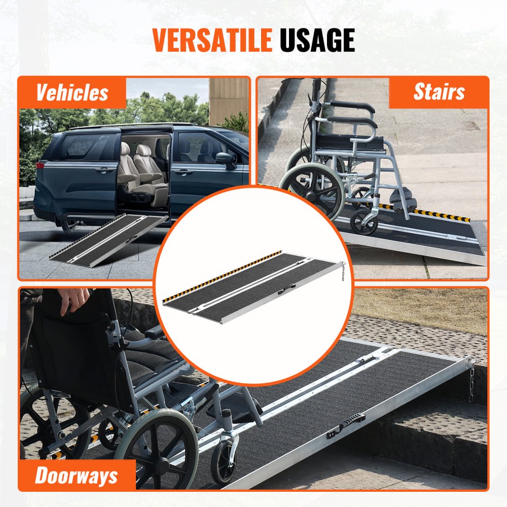 VEVOR Draagbare rolstoelhelling, 1,52 m, draagvermogen 363 kg, antislip aluminium opvouwbare drempelhelling, opvouwbare rolstoelhelling voor scootmobielen, helling voor huistrappen, trappen, deuropeningen en stoepranden