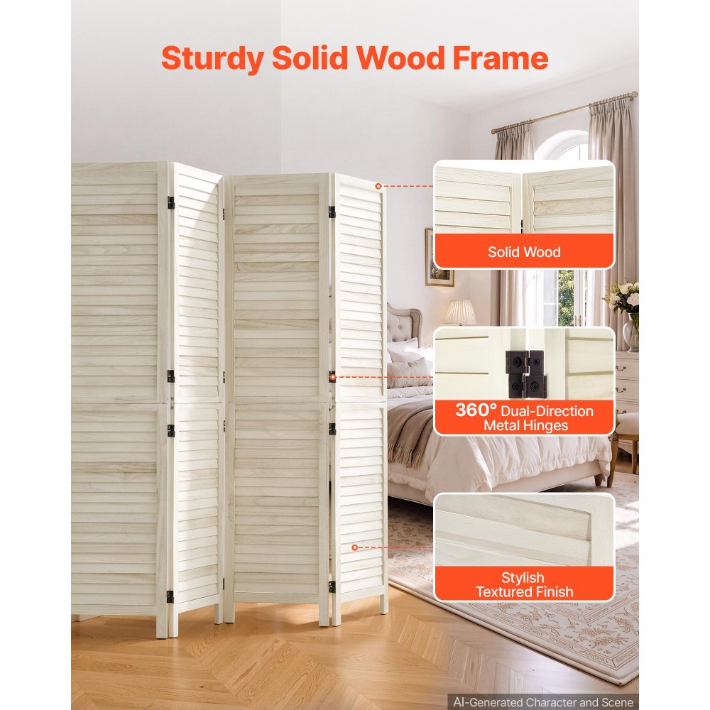 VEVOR Opvouwbare Kamerverdeler, Houten Scheidingswand, 4 Panelen, 1702 mm Hoog, Wit, Kamerverdeler & Woondecoratie, Massief Houten Frame, 360° Dubbele Scharnieren, Lamellenscherm met Montagemateriaal