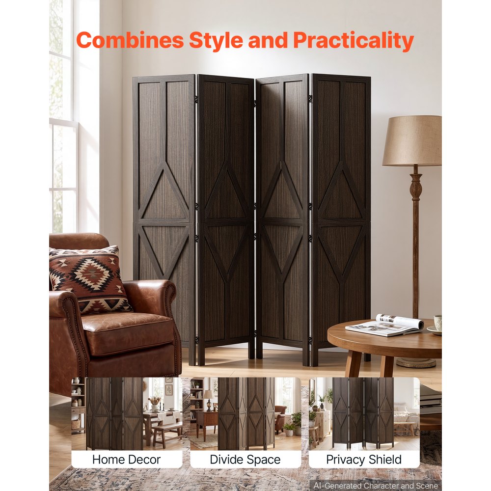 VEVOR Opklapbare kamerscherm, houten scheidingswand, 4-delig Y-patroon, bruin, kamerscherm & woondecoratie, 1702 mm, stevig frame, 360° draaibare scharnieren, rustieke houten scheidingswand met bevestigingsmateriaal