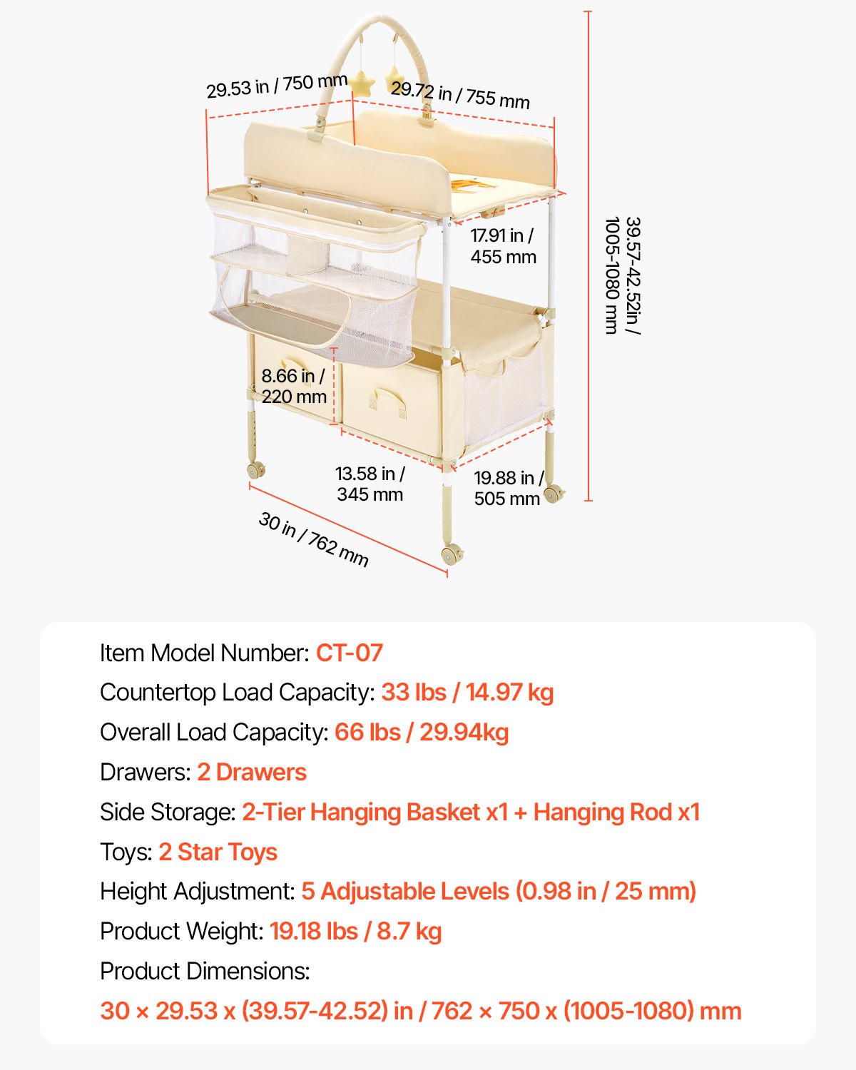 VEVOR Verschoontafel, opvouwbare verschoontafel met 2 stoffen lades, zijmand en kledingstang, in hoogte verstelbare draagbare verschoontafel met vergrendelbare wielen en 2 sterrenspeeltjes, lichtbeige
