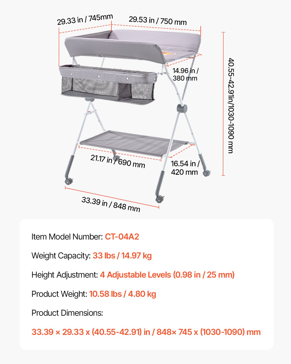 VEVOR Verschoontafel Opvouwbare Verschoontafel met 2 stoffen lades, zijmand en kledingstang, in hoogte verstelbare draagbare verschoontafel met vergrendelbare wielen, multifunctionele kinderkamer Lichtgrijs