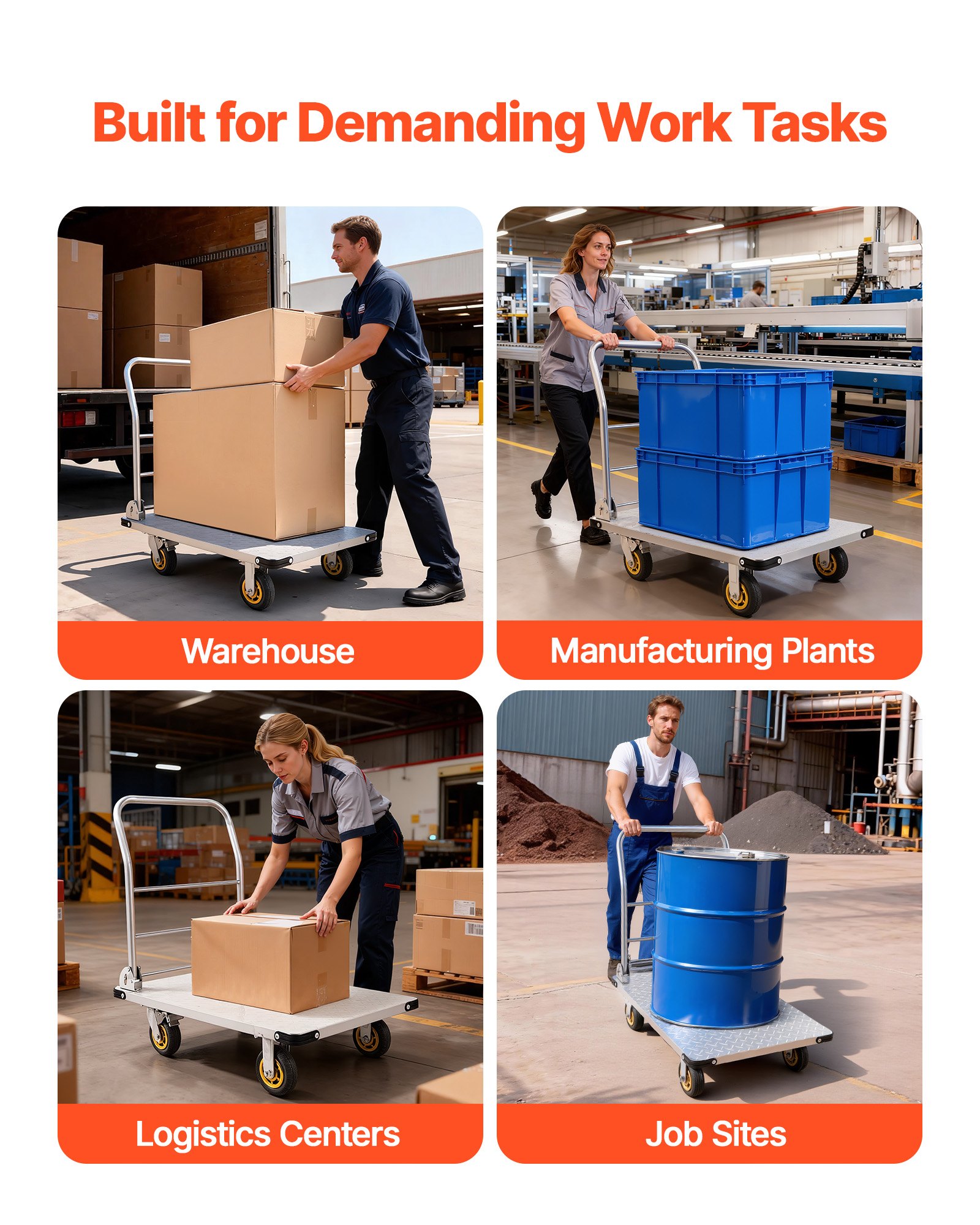 VEVOR opvouwbare platformwagen 907 kg, transportwagen met zwenkwielen, handwagen met antislip laadoppervlak, opvouwbare transportwagen voor eenvoudige opslag, rolwagen 900x600 mm