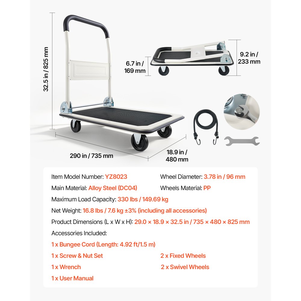 VEVOR opvouwbare platformwagen, 150 kg draagvermogen, transportwagen met zwenkwielen, handwagen met antislipcoating op het laadoppervlak, transporthulpmiddel voor eenvoudige opslag, 735x480x825 mm rolwagen