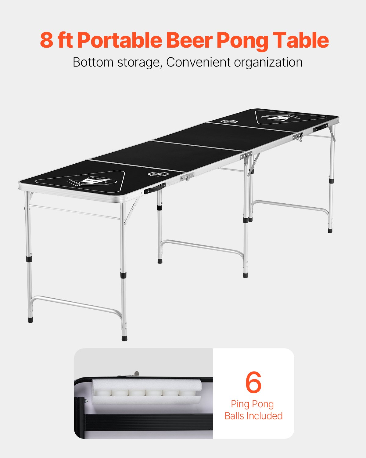 VEVOR 8 Foot Portable Beer Pong Table, Foldable Tailgate Table,Carrying Handles and 6 Pong Balls, Adjustable Height, Lightweight Table for Office, Tailgate Party, Travel and Camping, Black