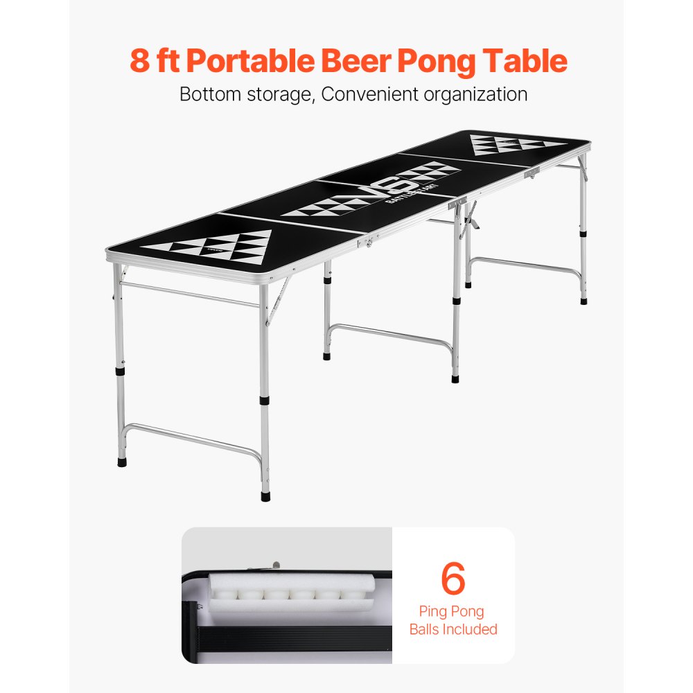VEVOR Opvouwbare Beer Pong Tafel 2,4 x 0,6 x 0,7 m met 6 tafeltennisballen, Draagbare opvouwbare beer pong tafel met handvatten, Ideaal voor kantoor, barbecues, reizen en kamperen, in hoogte verstelbaar