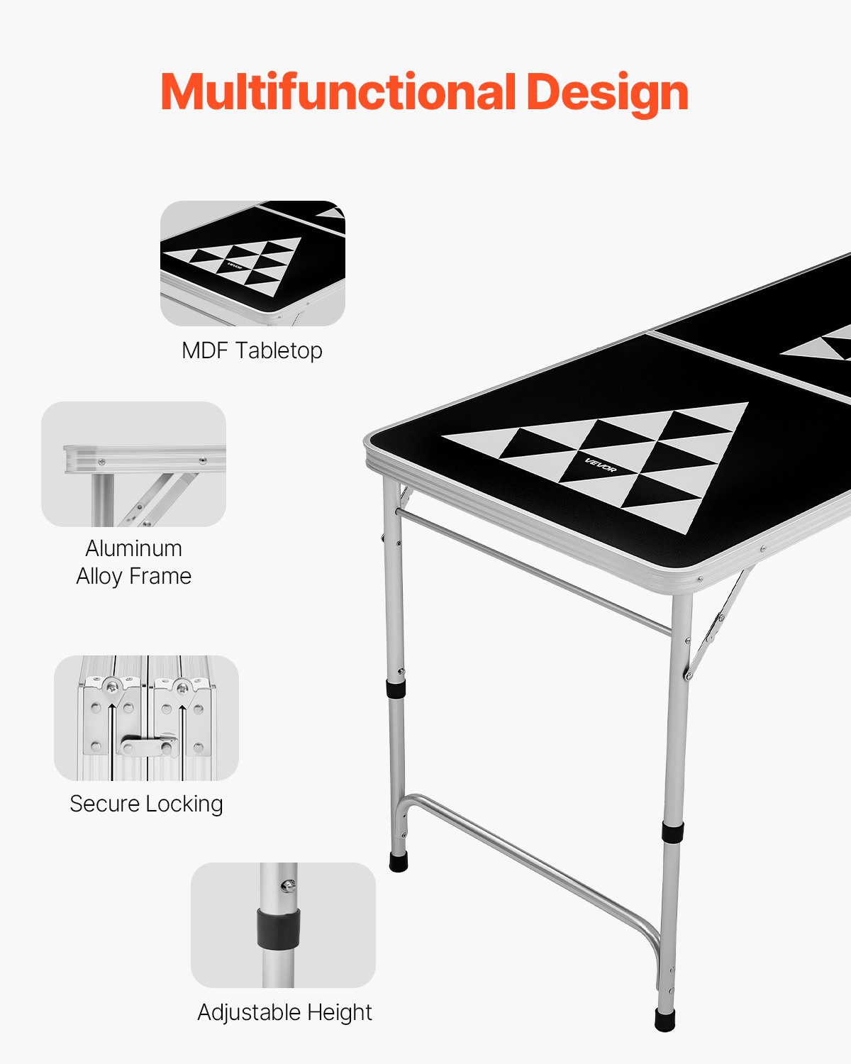 VEVOR Opvouwbare Beer Pong Tafel 2,4 x 0,6 x 0,7 m met 6 tafeltennisballen, Draagbare opvouwbare beer pong tafel met handvatten, Ideaal voor kantoor, barbecues, reizen en kamperen, in hoogte verstelbaar