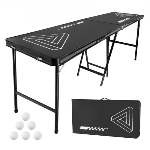 VEVOR Opvouwbare Beer Pong Tafel 2,4 x 0,6 x 0,9 m met 6 tafeltennisballen, Draagbare opvouwbare beer pong tafel met handvatten, Ideaal voor kantoor, barbecues, reizen en kamperen, Zwart