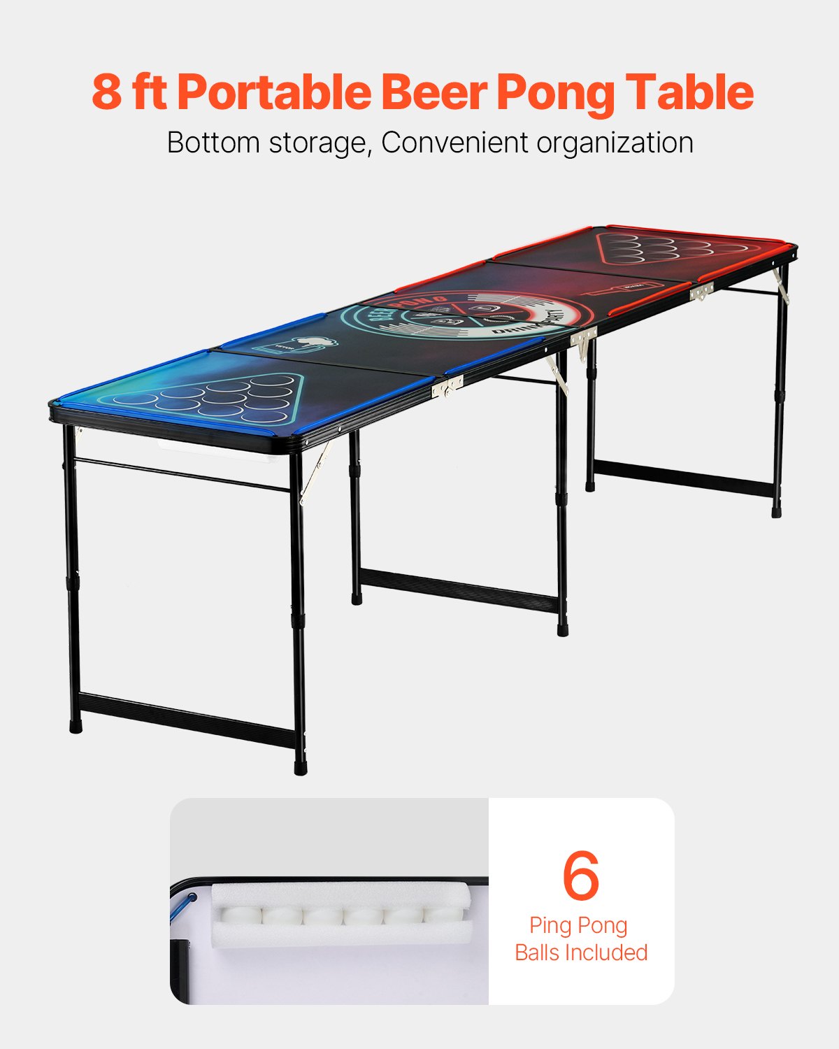 VEVOR 8 Foot Portable Beer Pong Table, LED Lights, Foldable Tailgate Table with Carrying Handles and 6 Pong Balls, Adjustable Height, Lightweight Table for Office, Tailgate Party, Travel & Camping