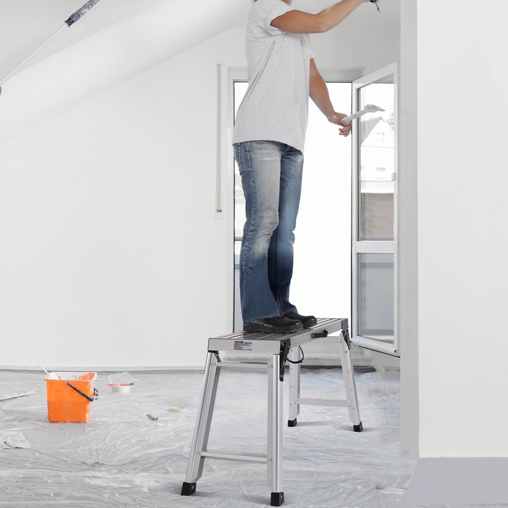 VEVOR aluminium werkplatform, opklapbare werkbank, 100 x 30 x 87,7 cm, werkplatform, 150 kg laadvermogen, opstapbank, in hoogte verstelbaar, 58,5-87,7 treden voor thuis, kantoor, werkplaats en garage, zilver